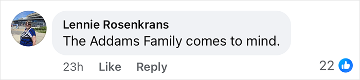 Comment on social media post reacting to Melania and Donald Trump's Christmas card, mentioning Addams Family comparison.