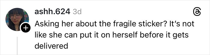 Screenshot of social media text discussing fragile sticker and delivery driver in woman claims Christmas gift shattered case.