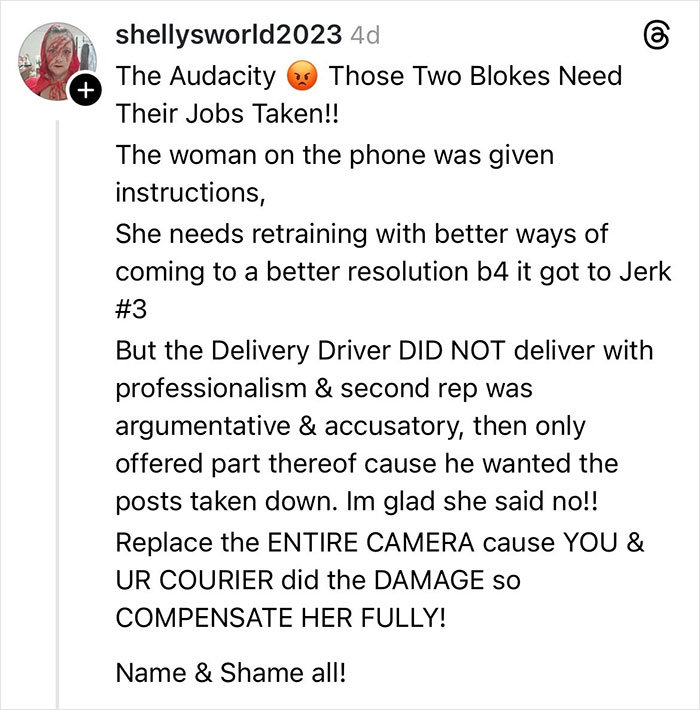 Comment discussing a woman claiming her Christmas gift was shattered by delivery driver and urging full compensation.