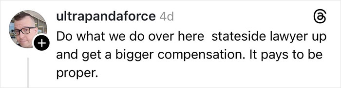 User sharing a comment advising to hire a stateside lawyer for better compensation after Christmas gift damage by delivery driver.