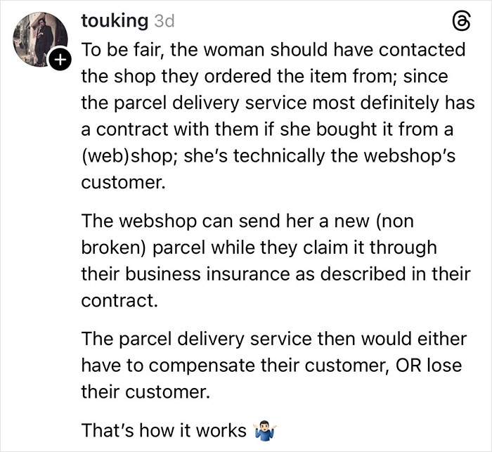 Comment explaining the process of compensation for a woman whose Christmas gift got shattered by a delivery driver.