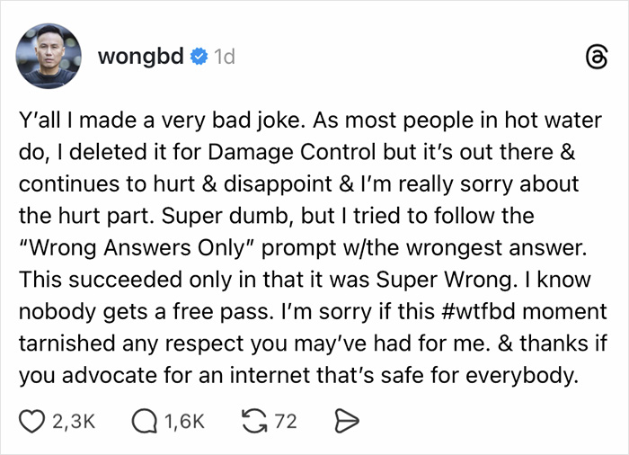 BD Wong issues groveling apology on social media after racist comment meant as a joke sparks backlash.