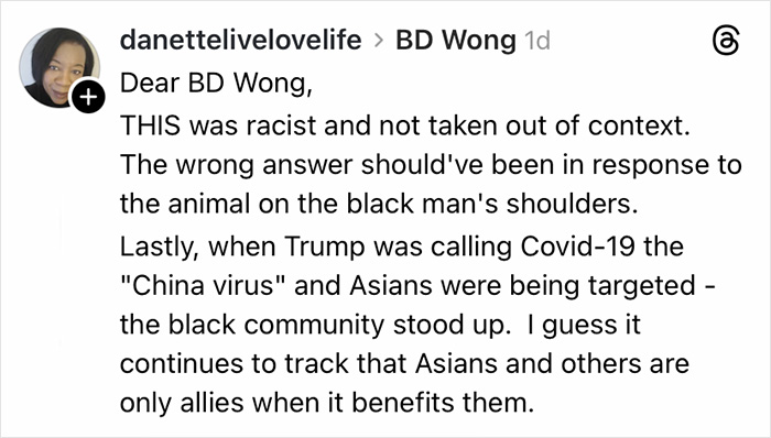 Social media post addressing BD Wong's racist comment apology related to Jurassic World star controversy.