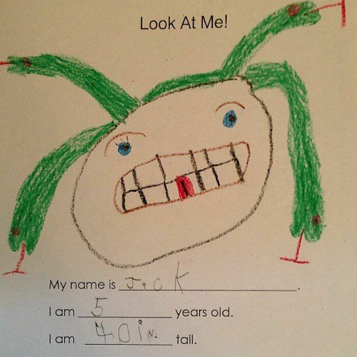 Child’s funny drawing of a self-portrait with green hair and big teeth, showcasing a very flattering portrait by kids.