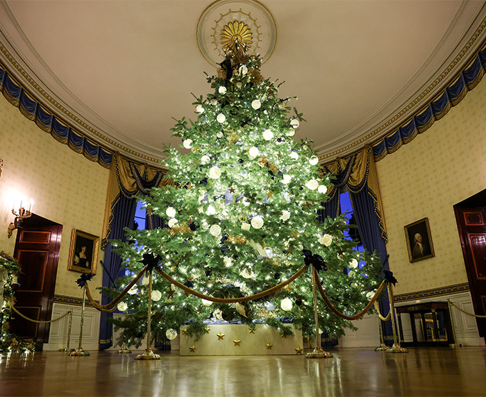Ornate Christmas tree decorated with white lights and ornaments, linked to Melania Trump's new Christmas ornament controversy.