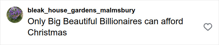 Comment on social media reading Only Big Beautiful Billionaires can afford Christmas, reflecting outrage over Melania Trump's Christmas ornament cost.