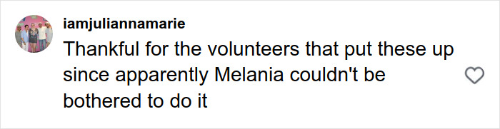 Comment criticizing Melania Trump's involvement, highlighting volunteers setting up Christmas decor instead.