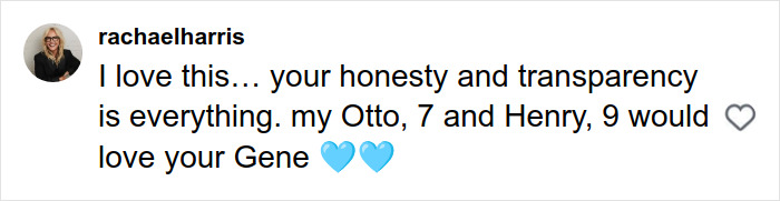 Comment praising honesty and transparency, mentioning children Otto and Henry, related to plastic surgeon perspective on wrinkle-free photos. Comment praising honesty and transparency, mentioning children Otto and Henry, related to plastic surgeon perspective on wrinkle-free photos.