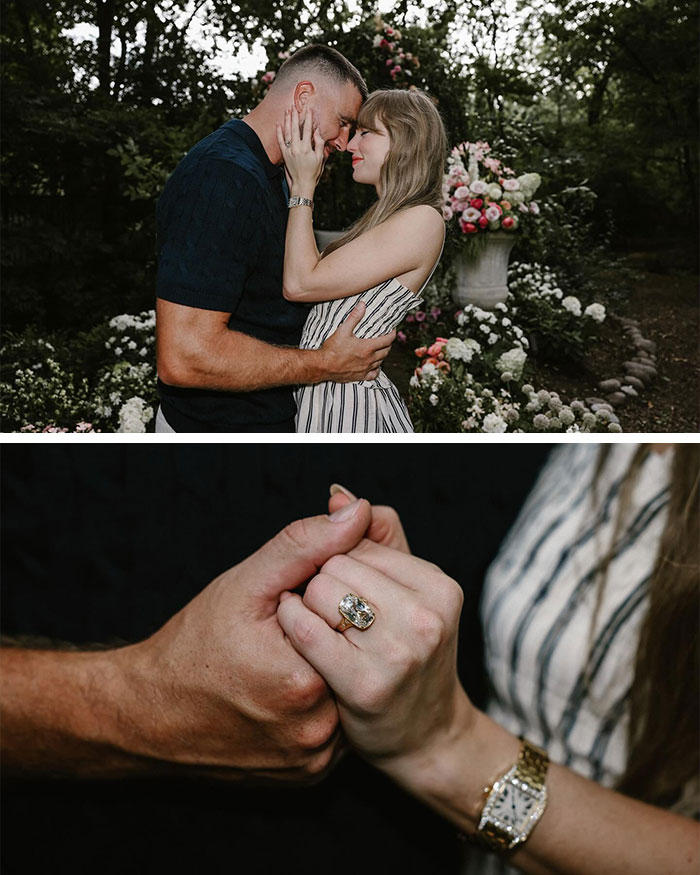 Couple embracing outdoors with focus on hands, featuring an engagement ring, related to Taylor Swift conspiracy claims.