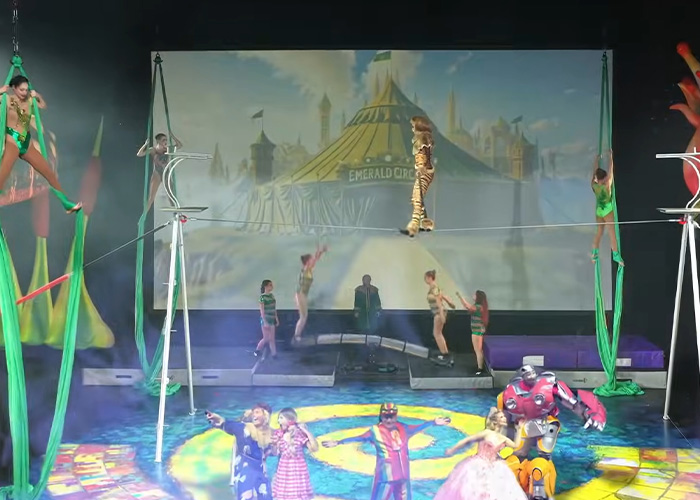 Stage performers in Wizard of Oz themed costumes during a circus act with aerial silks and tightrope walking.