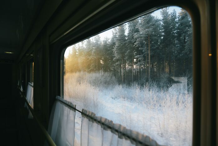 View from a train window showing snowy forest scenery at sunrise, prompting calm or lose it scenario reflection.