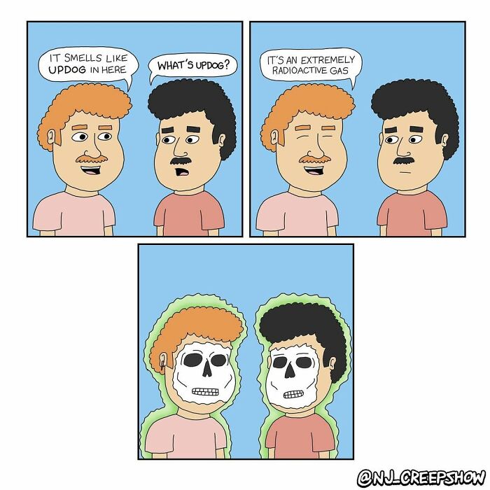 Comic from NJ Creepshow series showing two men joking about updog which turns into radioactive gas, revealing skeleton faces.