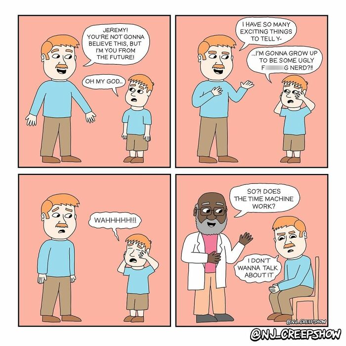 Comic strip from NJ Creepshow series showing a man meeting his younger self and a time machine conversation.