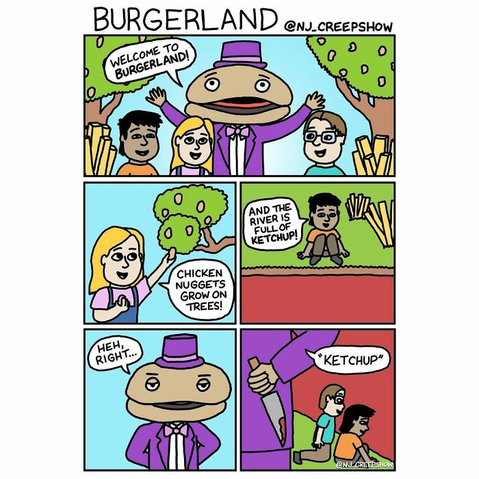 Comic from NJ Creepshow series featuring a burger-headed character in a humorous Burgerland setting with ketchup and chicken nuggets.