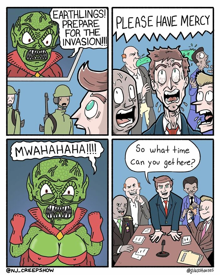 Comic panels from NJ Creepshow series showing an alien invasion and humans reacting with fear and humor.