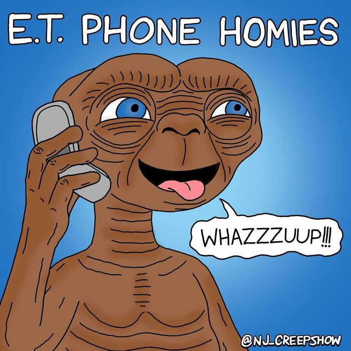 Cartoon alien making a phone call saying Whazzzup in a funny dark humor comic from NJ Creepshow series.