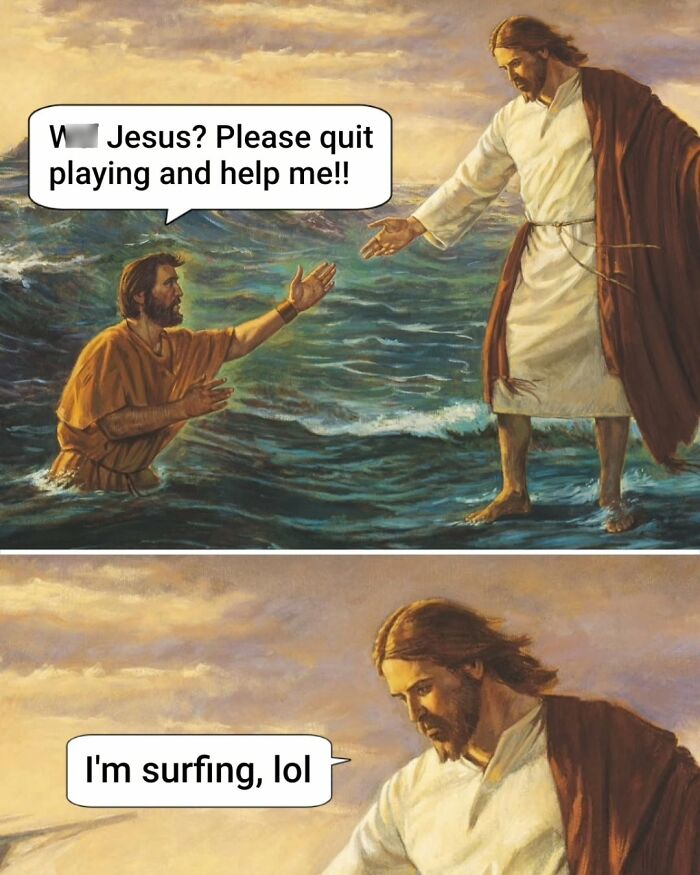 Classical painting of Jesus and a man in water with humorous captions from a clever Instagram creator.