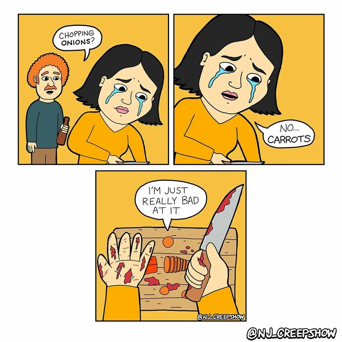Comic from NJ Creepshow series showing a woman crying while chopping carrots badly with a bloody knife and injured hand.