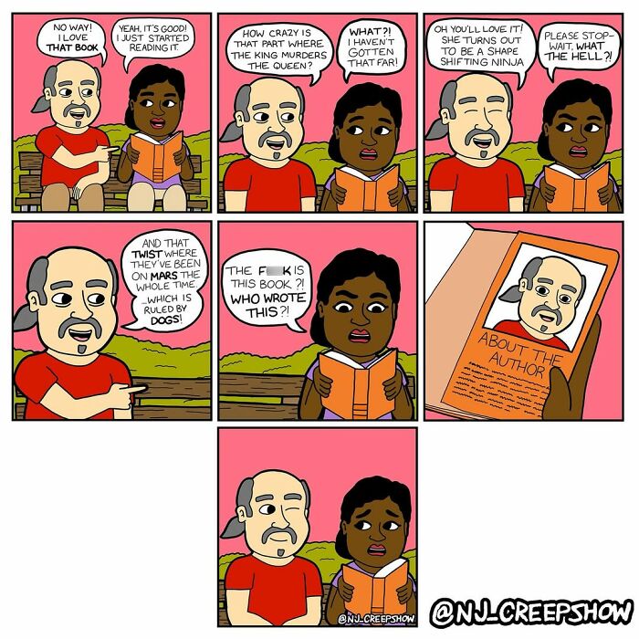 Two people on a bench discussing a surprising twist in a book in a funny NJ Creepshow comic strip.