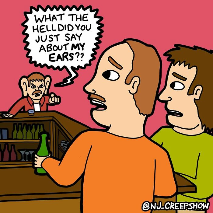 Two men at a bar with a bartender shouting about ears, funny comic from NJ Creepshow series with bold cartoon style.