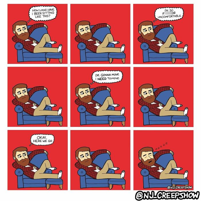 Comic panels from NJ Creepshow series showing a man struggling to get comfortable while sitting on a blue chair.