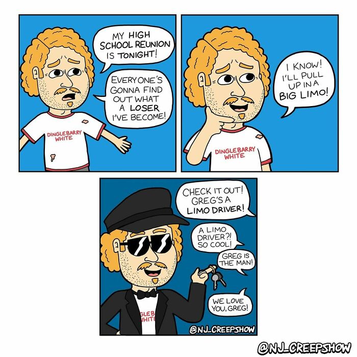 Comic strip from NJ Creepshow series featuring a character humorously embracing a dark humor scenario about a high school reunion.