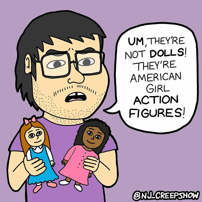 Man holding two dolls and saying they are American Girl action figures in a funny dark humor comic from NJ Creepshow series.