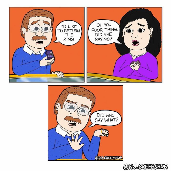 Man with glasses and mustache tries to return a ring in a funny dark humor comic from NJ Creepshow series.