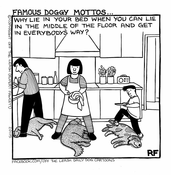 Cartoon showing a family in a kitchen with dogs lying on the floor, illustrating living with dogs humor.