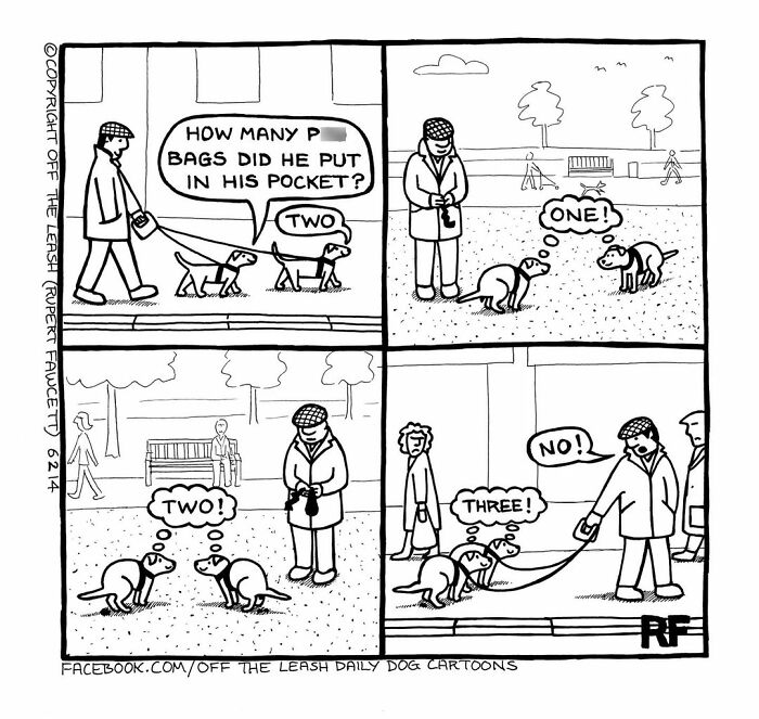 Black and white comic panels showing humorous dog thoughts about p**p bags during a walk, illustrating living with dogs.
