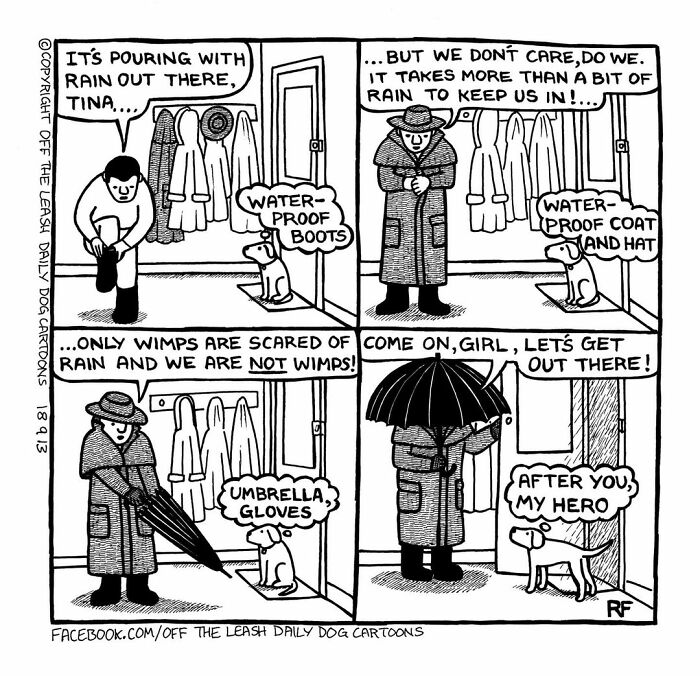 Black and white comic showing a person and dog preparing with waterproof gear, illustrating living with dogs humor.