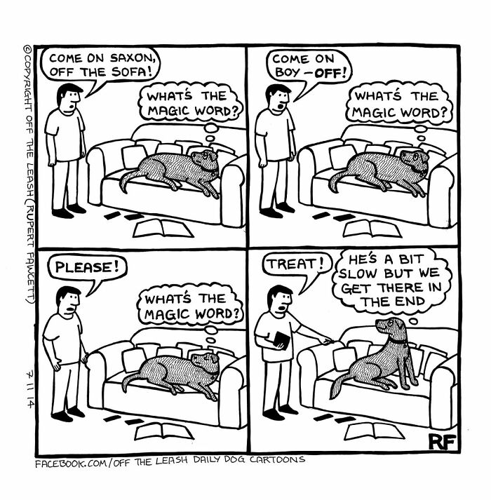 Comic strip showing the humor of living with dogs, featuring a dog on a sofa and owner trying to get him off.