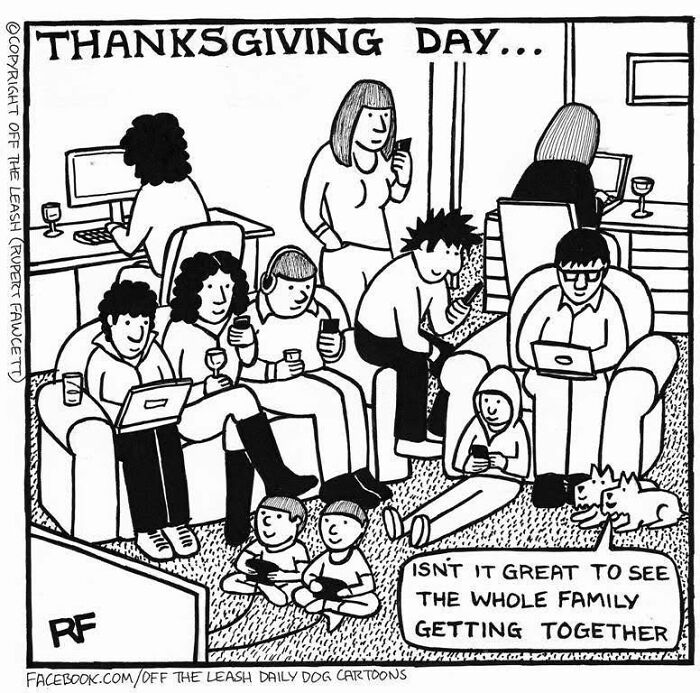 Family members on Thanksgiving day, each focused on screens, with two dogs nearby in a comic about living with dogs.