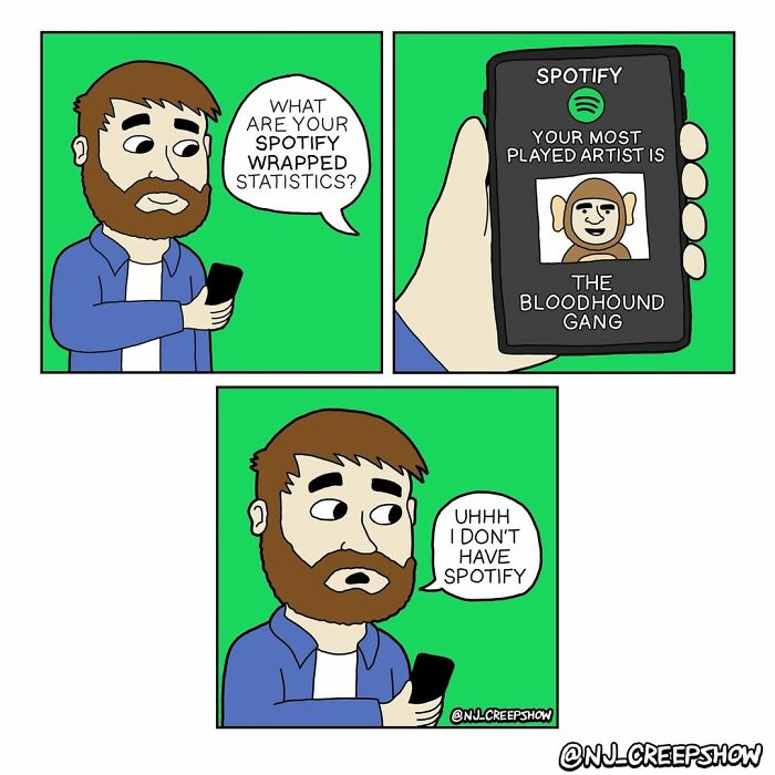 Man with beard checking Spotify stats on phone in a funny dark humor comic from NJ Creepshow series.
