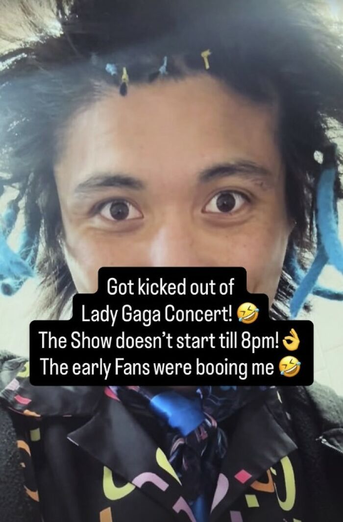 Man with blue dreadlocks shares story about being kicked out of Lady Gaga concert after trouble at Ariana Grande attack incident.
