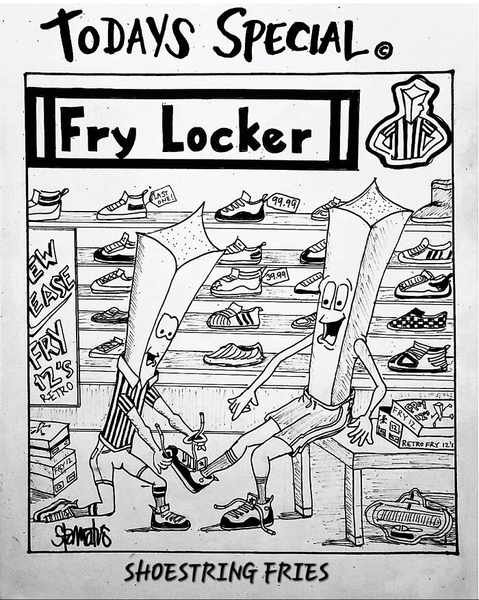 Humorous one-panel comic featuring anthropomorphic fries in a shoe store named Fry Locker with shoes and funny details.