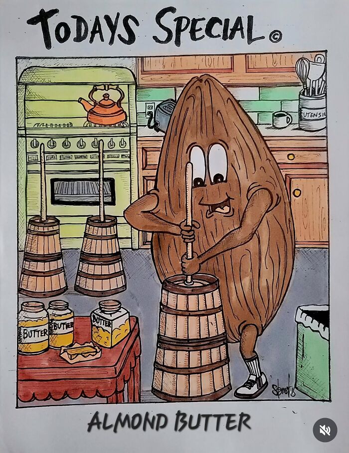 Humorous one-panel comic showing an almond character churning butter in a kitchen setting.