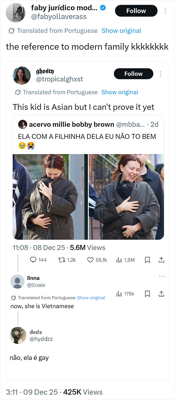Twitter thread showing users discussing a viral theory about Millie Bobby Brown's newborn daughter with recent photos. Twitter thread showing users discussing a viral theory about Millie Bobby Brown's newborn daughter with recent photos.