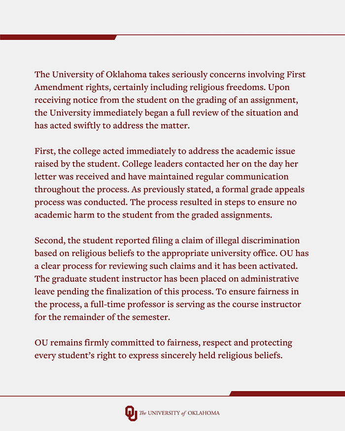 University of Oklahoma statement on student complaint and review of essay grading that led to trans instructor removal.