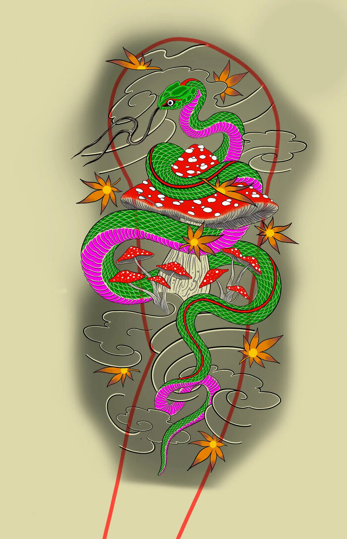 Psychedelic tattoo design featuring a vibrant green and purple snake coiled around red mushrooms with floating orange leaves.