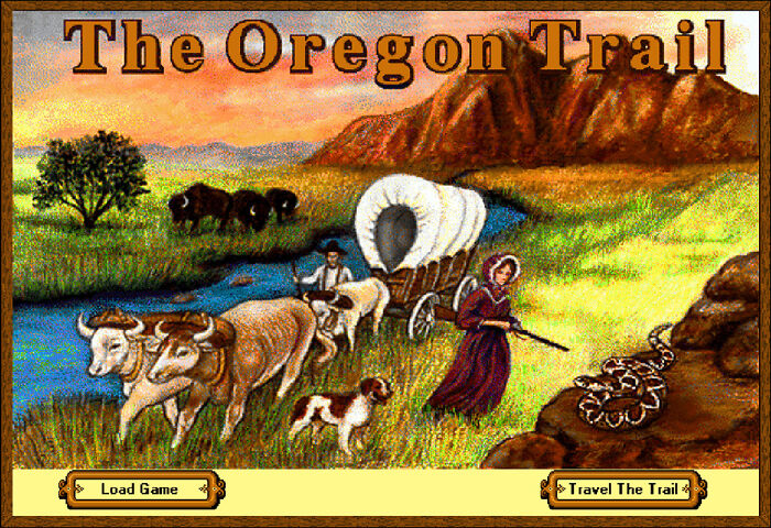 The Oregon Trail game screen showing pioneers with oxen, a dog, and a wagon traveling past a river and mountains.
