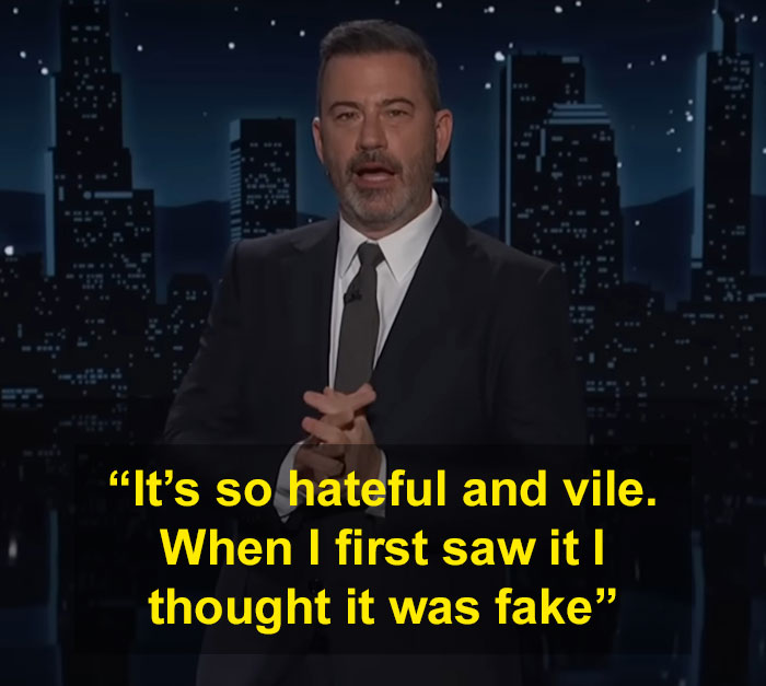Jimmy Kimmel speaking on stage about Donald Trumps hateful and vile comments on Rob Reiner during a nighttime show.