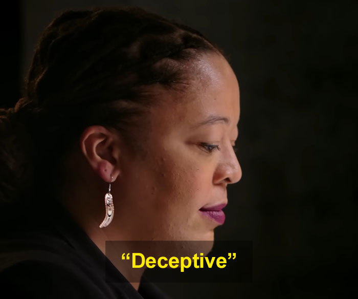 Woman in profile with braided hair and hoop earring, captioned deceptive, related to Sydney Sweeney lie detector test controversy.