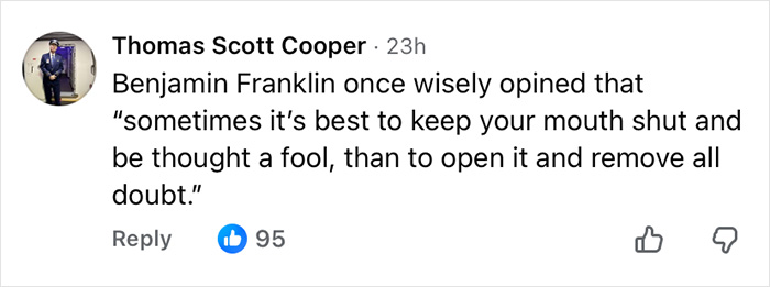 Comment by Thomas Scott Cooper referencing Benjamin Franklin's quote about knowing when to stay silent, related to Air Canada passenger meal complaint. Comment by Thomas Scott Cooper referencing Benjamin Franklin's quote about knowing when to stay silent, related to Air Canada passenger meal complaint.