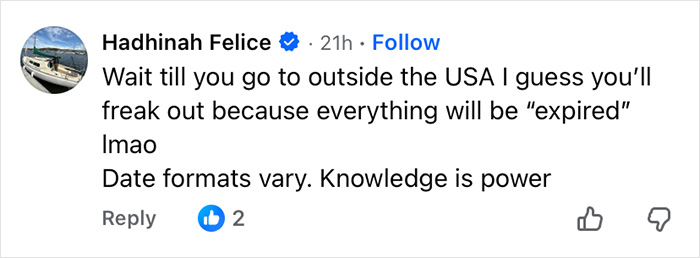 Screenshot of a social media comment discussing Air Canada passenger complaint about expired meal and date format differences. Screenshot of a social media comment discussing Air Canada passenger complaint about expired meal and date format differences.