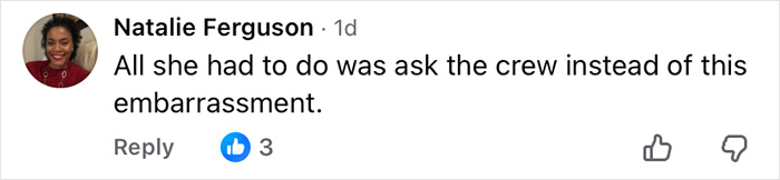 Comment from Natalie Ferguson on Air Canada passenger dispute over expired meal, suggesting asking crew to avoid embarrassment. Comment from Natalie Ferguson on Air Canada passenger dispute over expired meal, suggesting asking crew to avoid embarrassment.