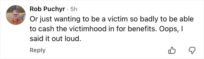Screenshot of a social media comment criticizing victim mentality in a discussion about an Air Canada passenger's meal complaint. Screenshot of a social media comment criticizing victim mentality in a discussion about an Air Canada passenger's meal complaint.