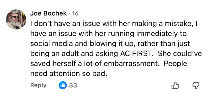 Facebook comment criticizing an Air Canada passenger for sharing an expired meal complaint on social media. Facebook comment criticizing an Air Canada passenger for sharing an expired meal complaint on social media.