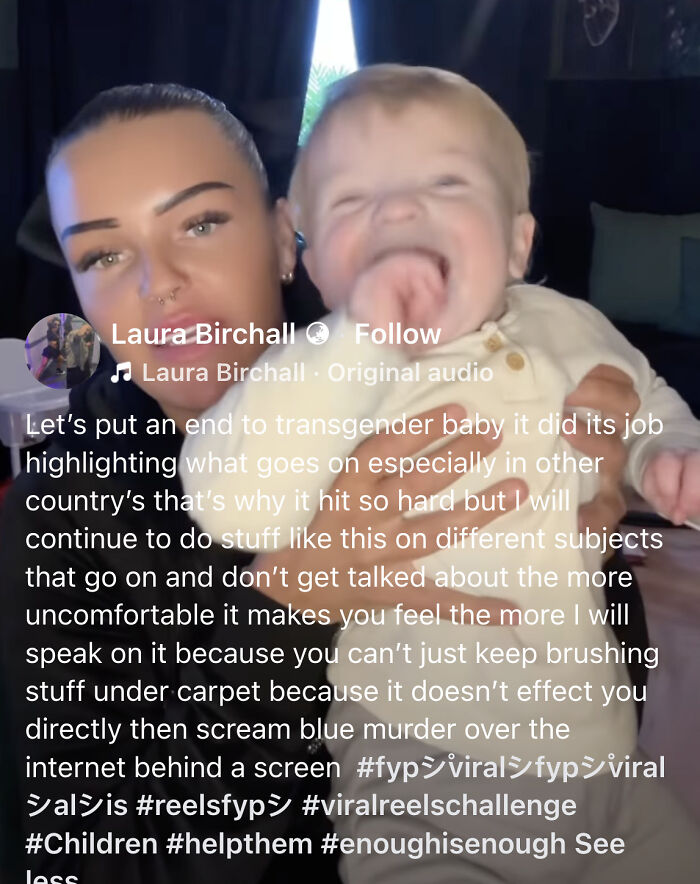 Woman holding a baby indoors, discussing transgender baby topic, facing backlash online in a short video format.
