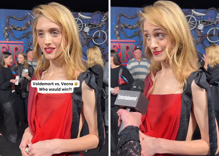 Stranger Things star Natalia Dyer wearing a red dress, appearing thin and compared to Ariana Grande at an event interview.